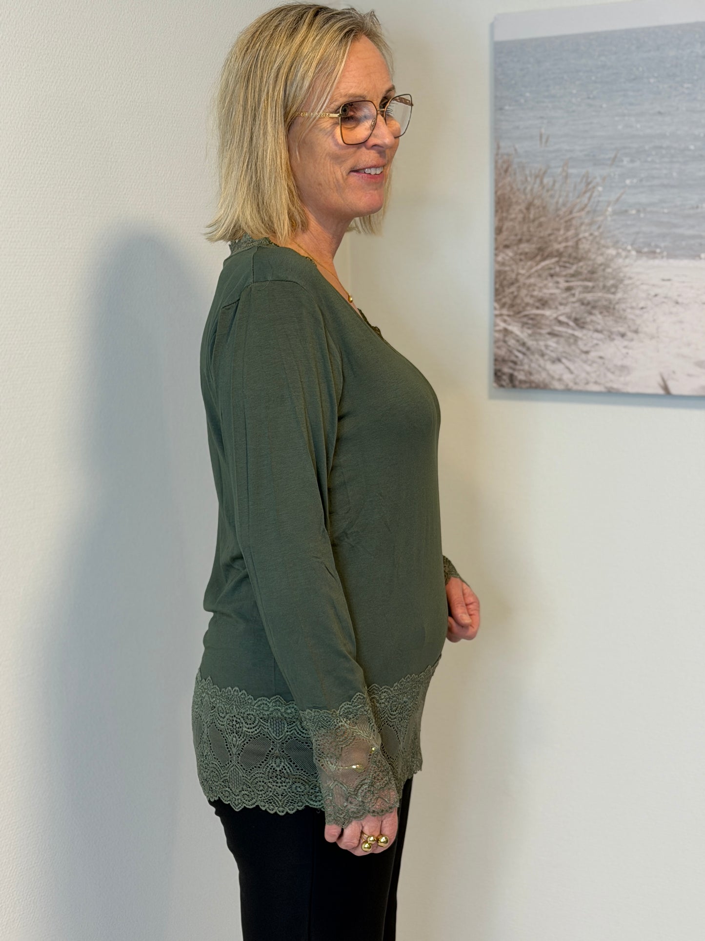 Långärmad Topp Med Spets Dark Green (Dark green)