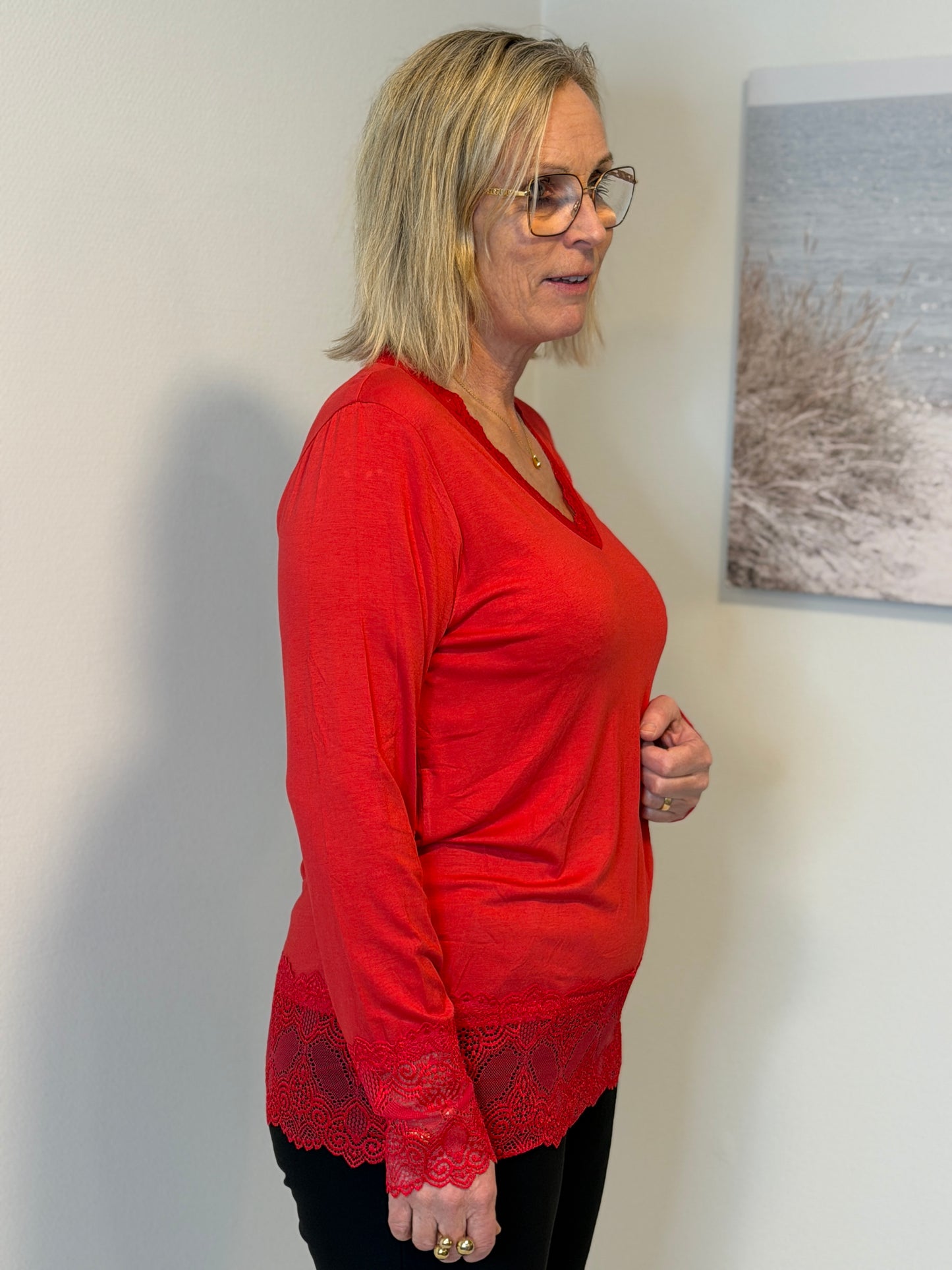 Långärmad Topp Med Spets Red (Red)