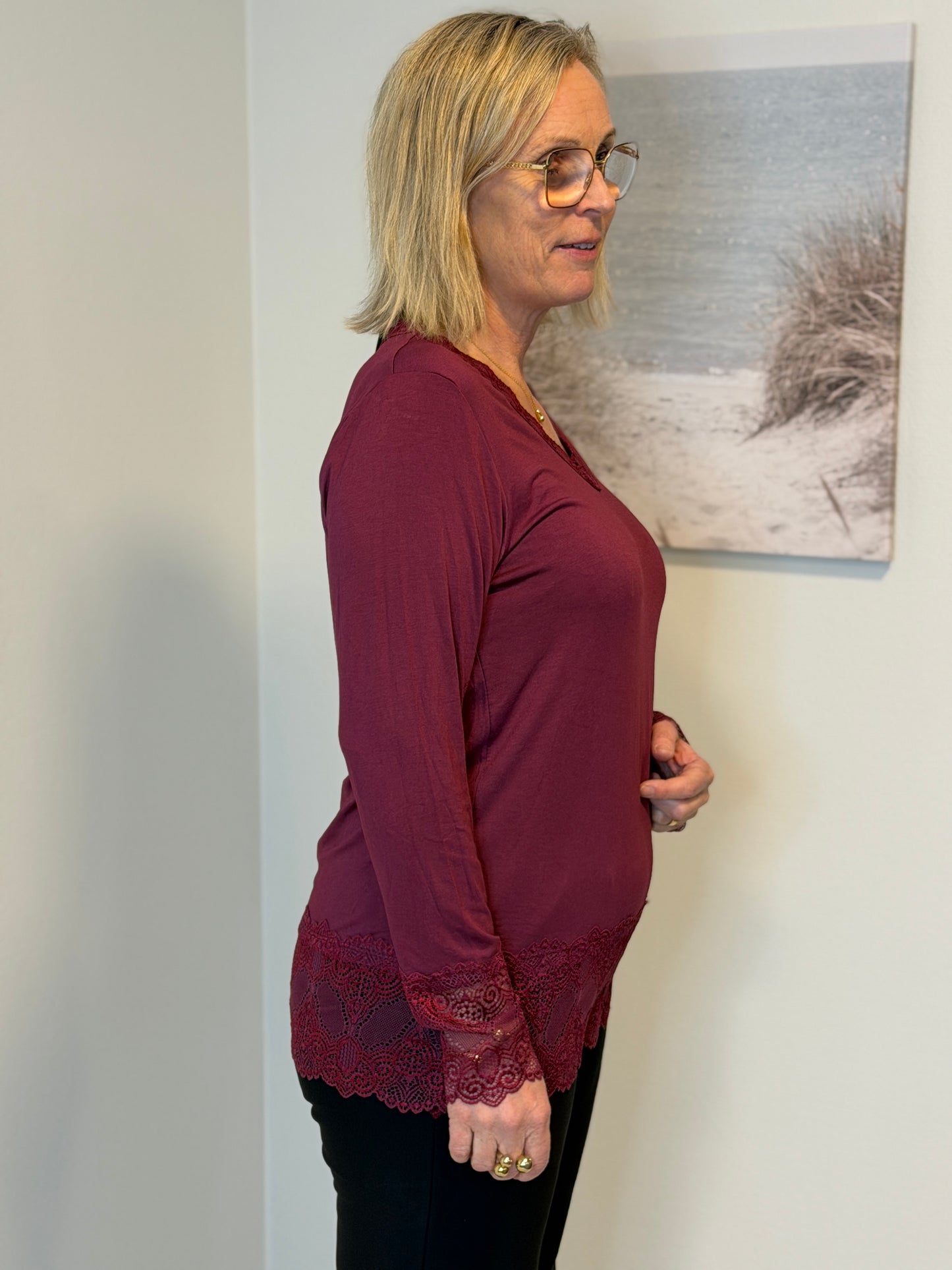 Långärmad Topp Med Spets Bordo (Bordo)