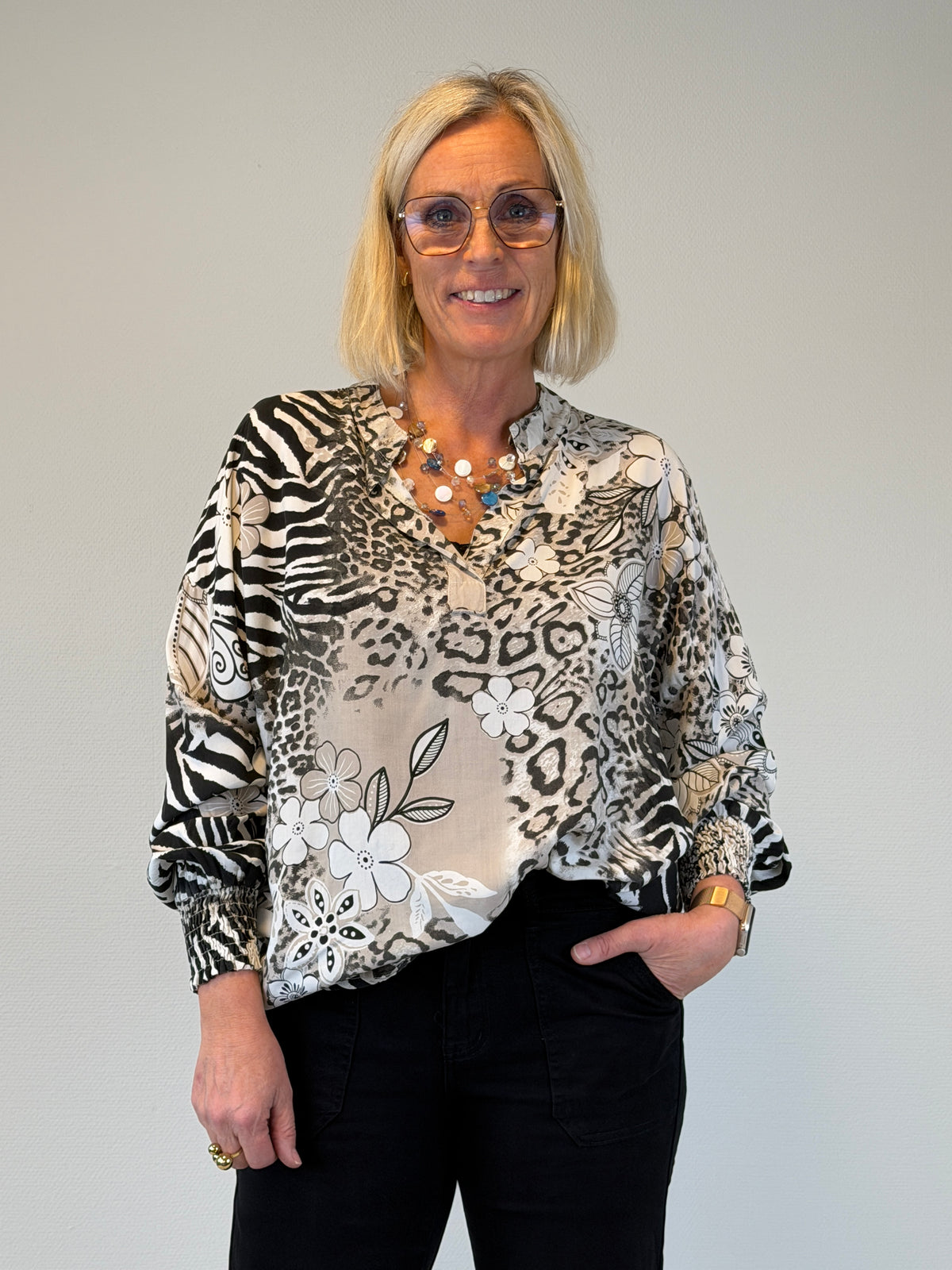 Blus Mönstrad Smockärm (Beige)