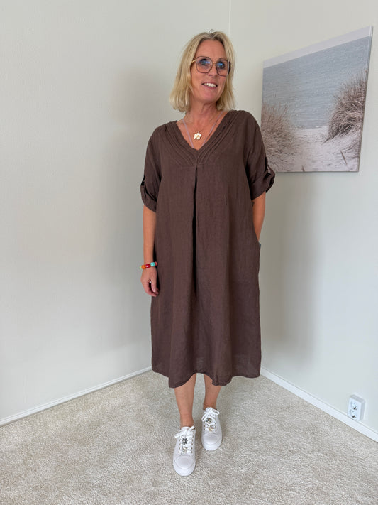 Linneklänning Med V-Ringning (Brun)