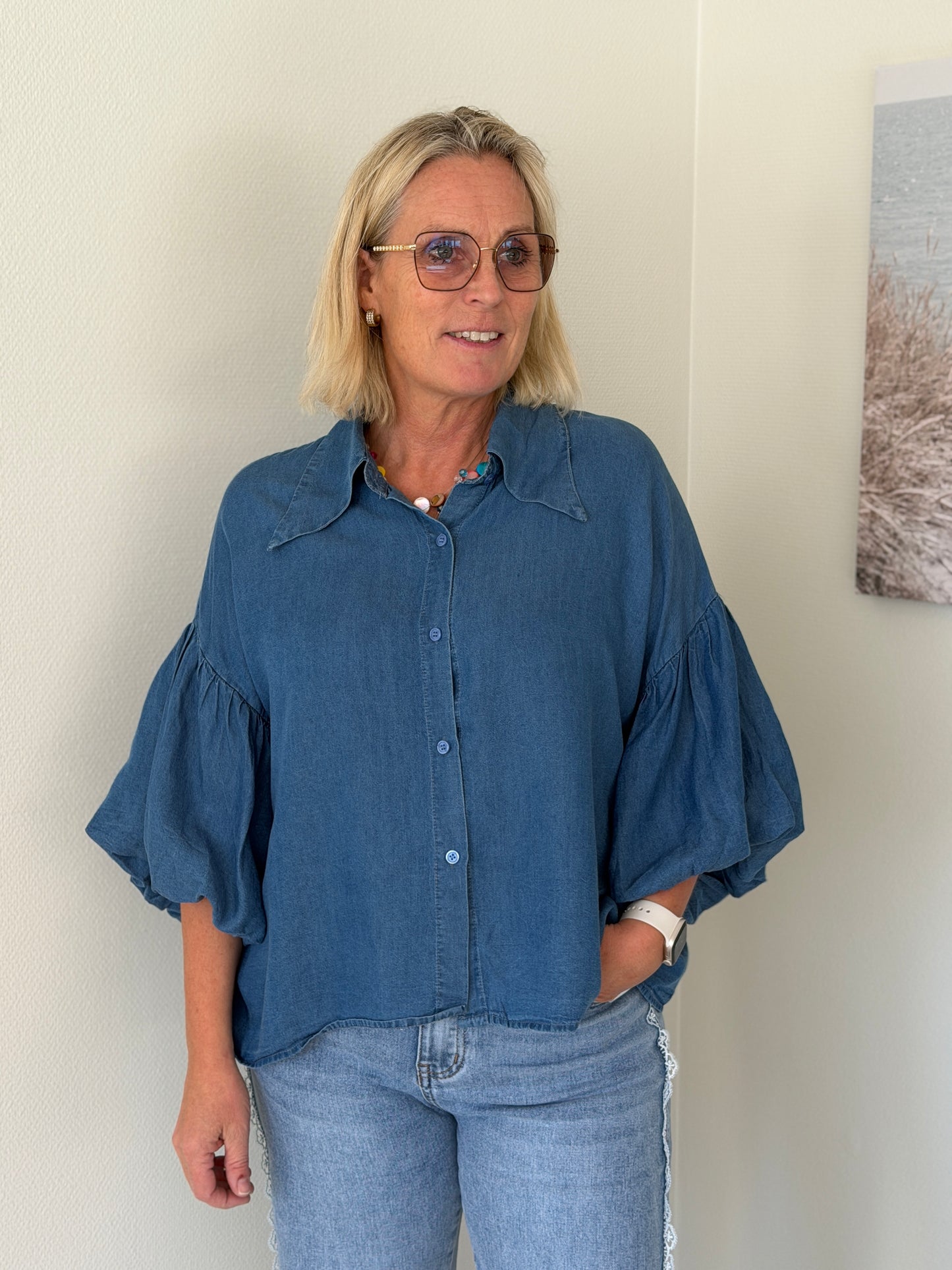 Tencell Blus Med Ballongärm (Blå)