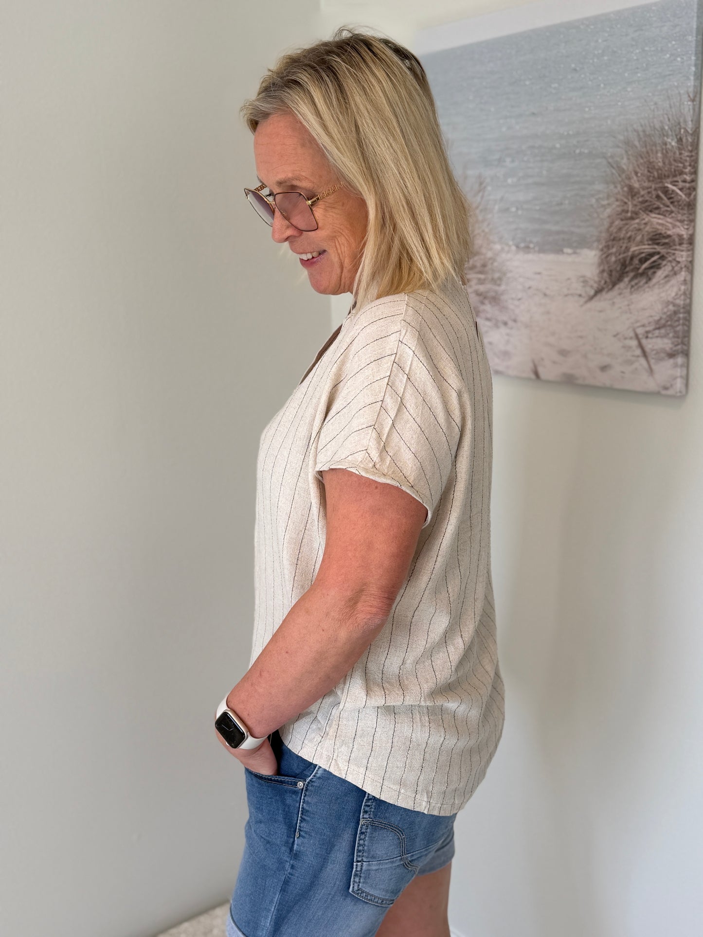 V-Neck Topp Stripe Stone (Stone)