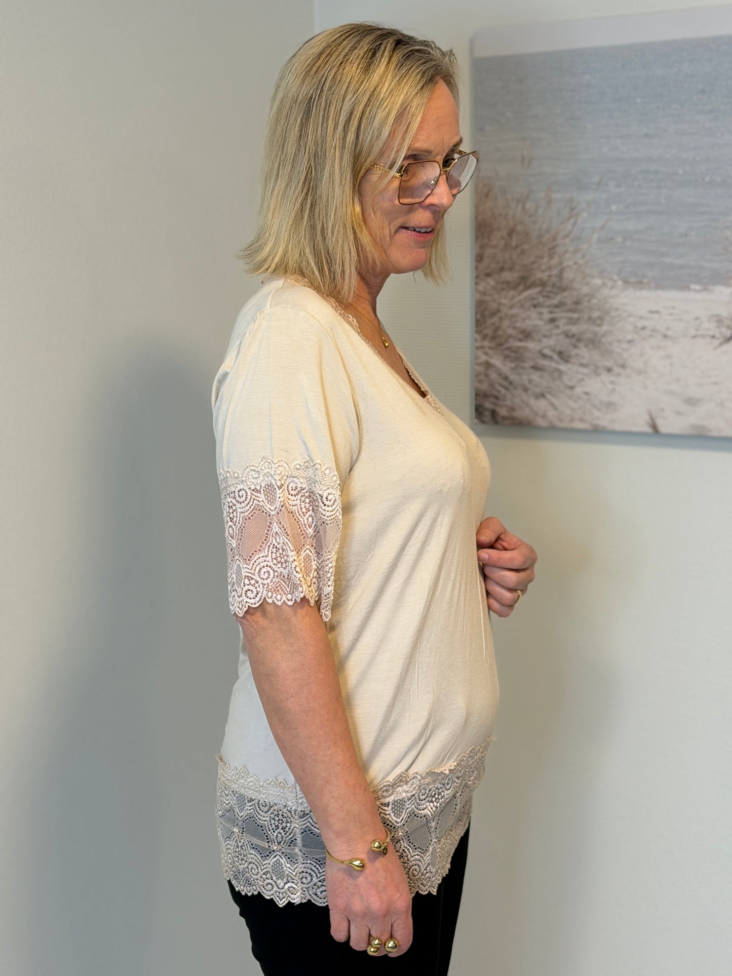 Kortärmad Topp M Spets Os 6P Beige 065 (Beige)