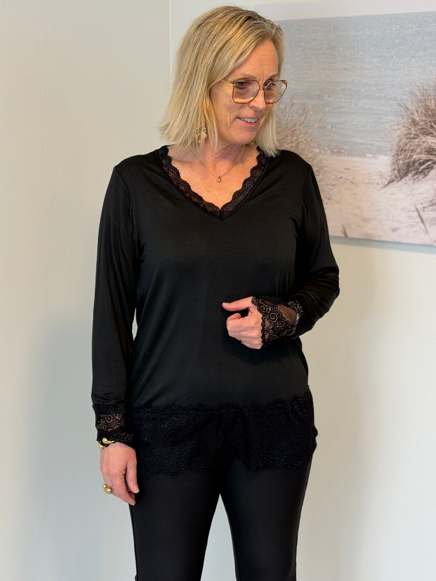 Långärmad Topp Med Spets Black (Black)