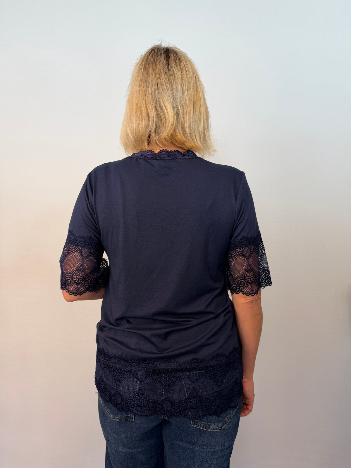 Kortärmad Topp Med Spets (Navy)