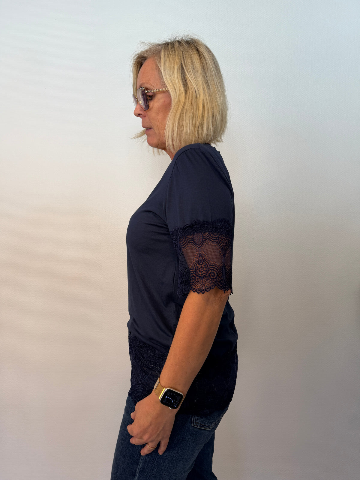 Kortärmad Topp Med Spets (Navy)