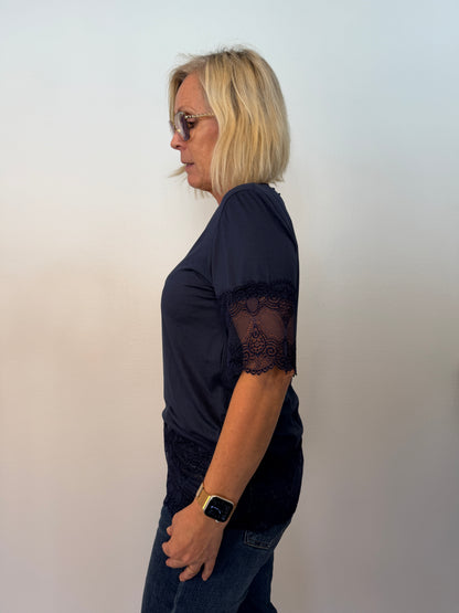 Kortärmad Topp Med Spets (Navy)