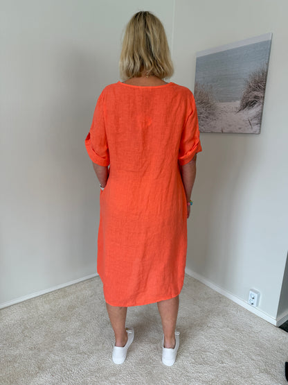 Linneklänning Med V-Ringning (Orange)