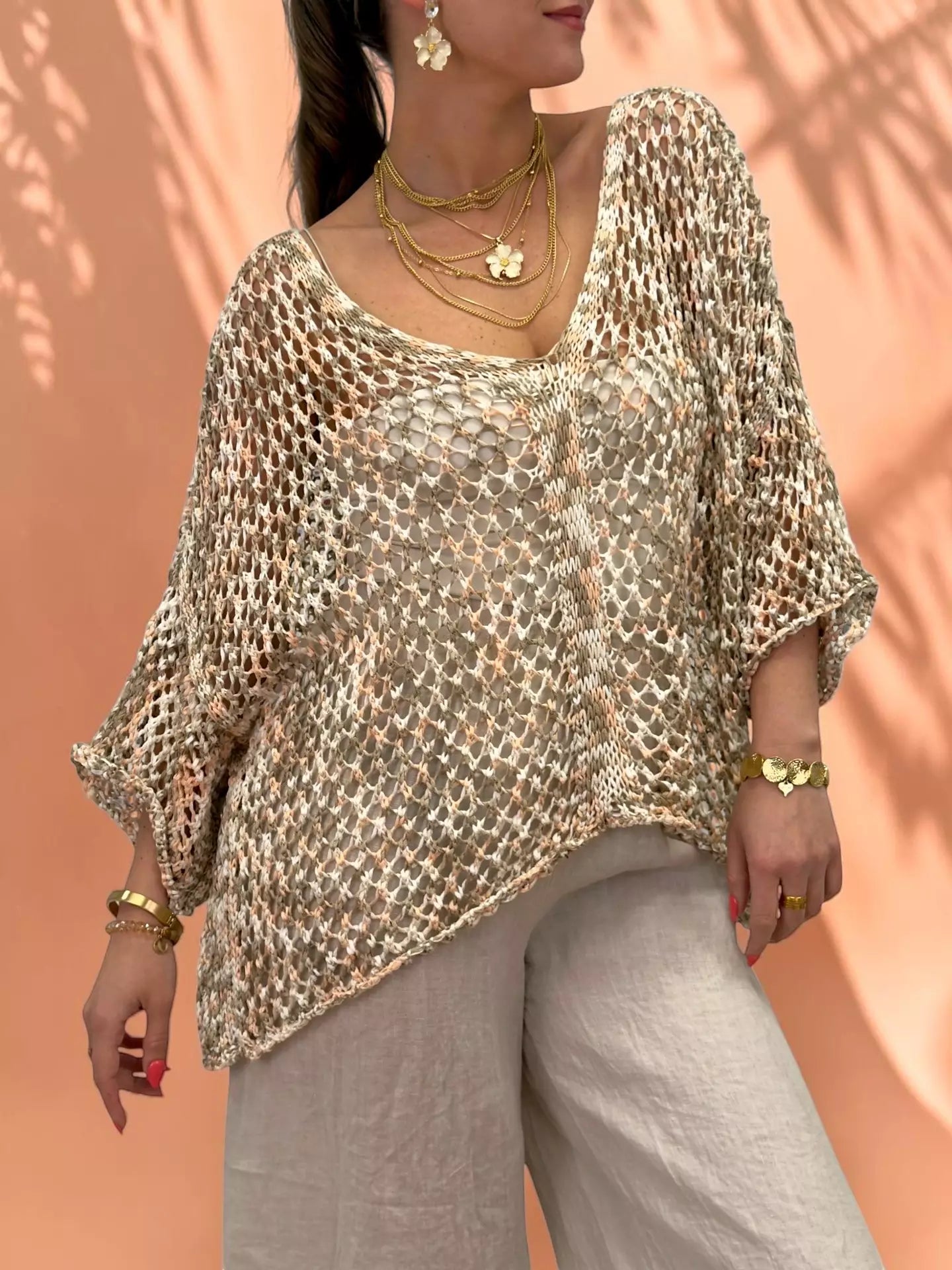Melerad Glesstickad Tröja (Beige)