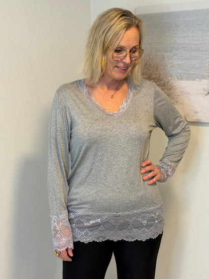 Långärmad Topp Med Spets Grey (Grey)