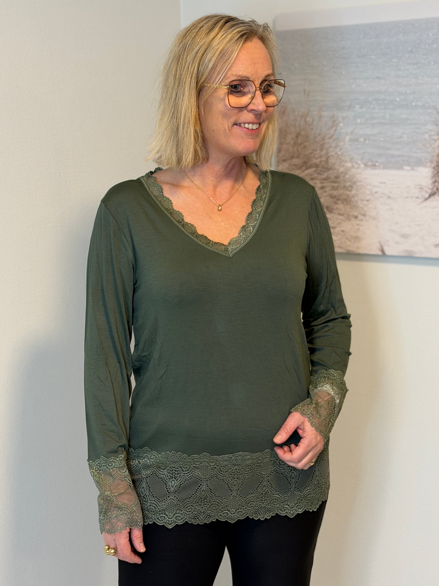 Långärmad Topp Med Spets Dark Green (Dark green)