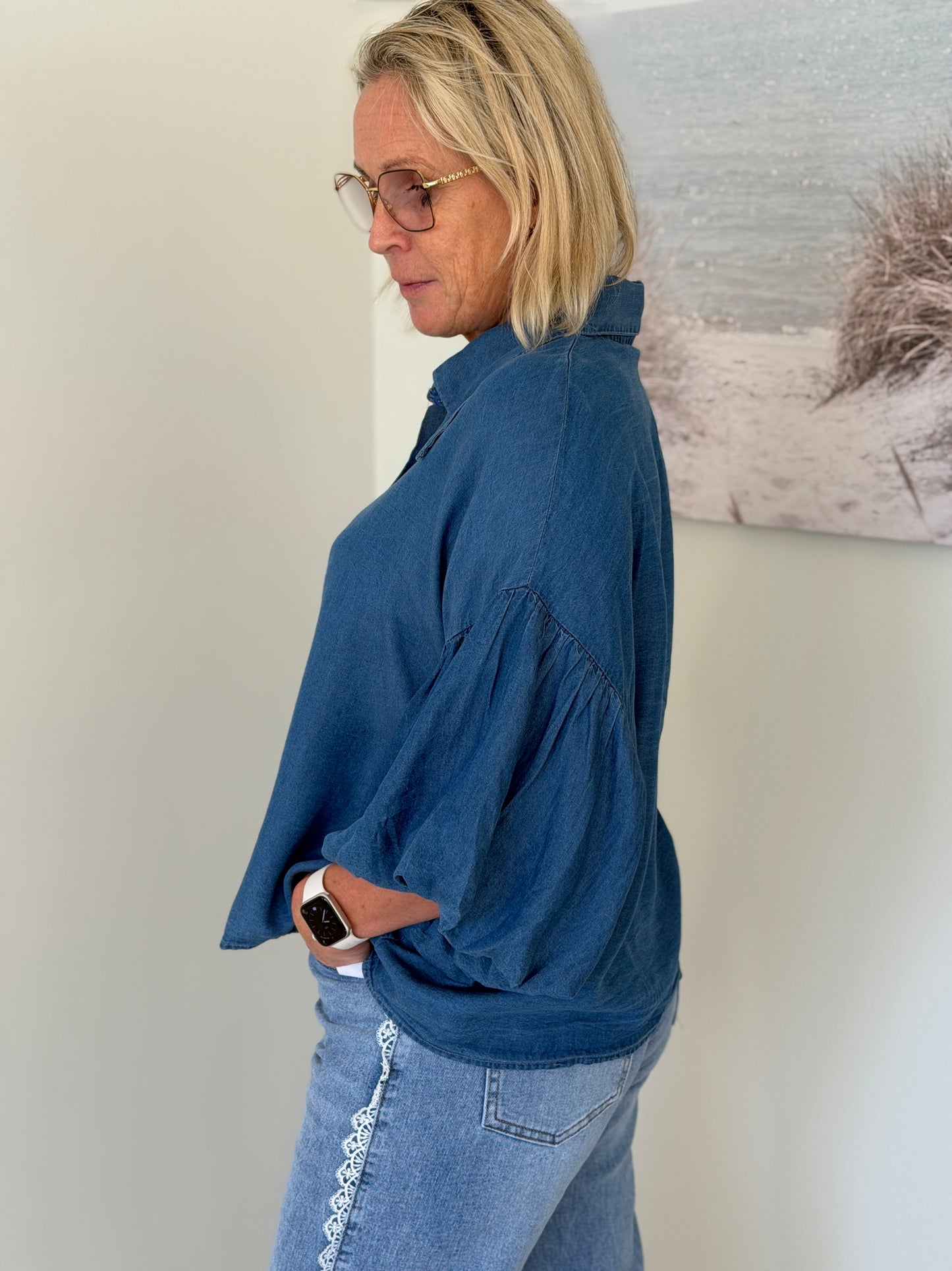 Tencell Blus Med Ballongärm (Blå)