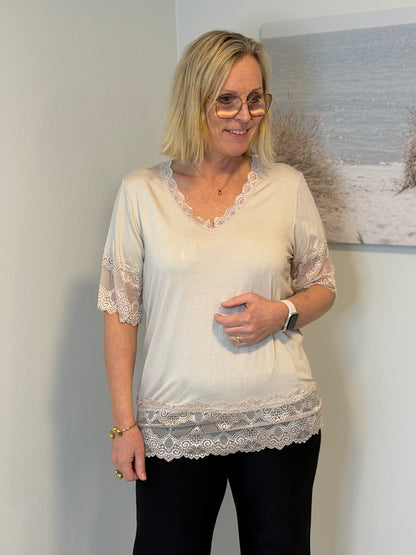 Kortärmad Topp M Spets Os 6P Beige 065 (Beige)