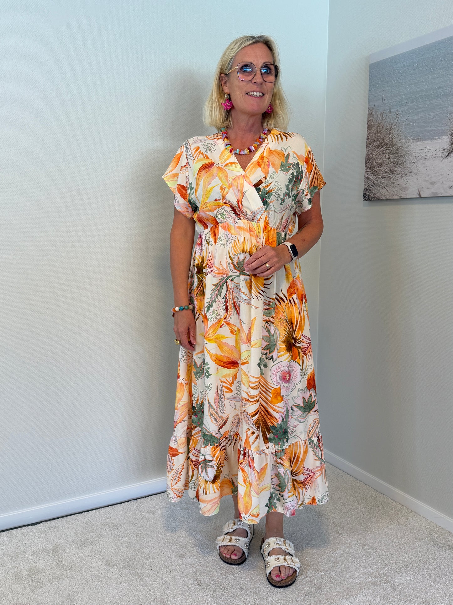 Lizette Klänning Bladmönster (Orange)