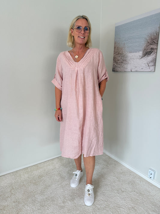 Linneklänning Med V-Ringning (Rosa)