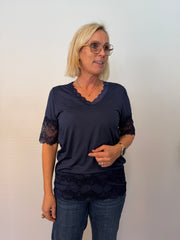 Kortärmad Topp Med Spets (Navy)