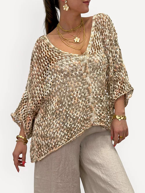 Melerad Glesstickad Tröja (Beige)