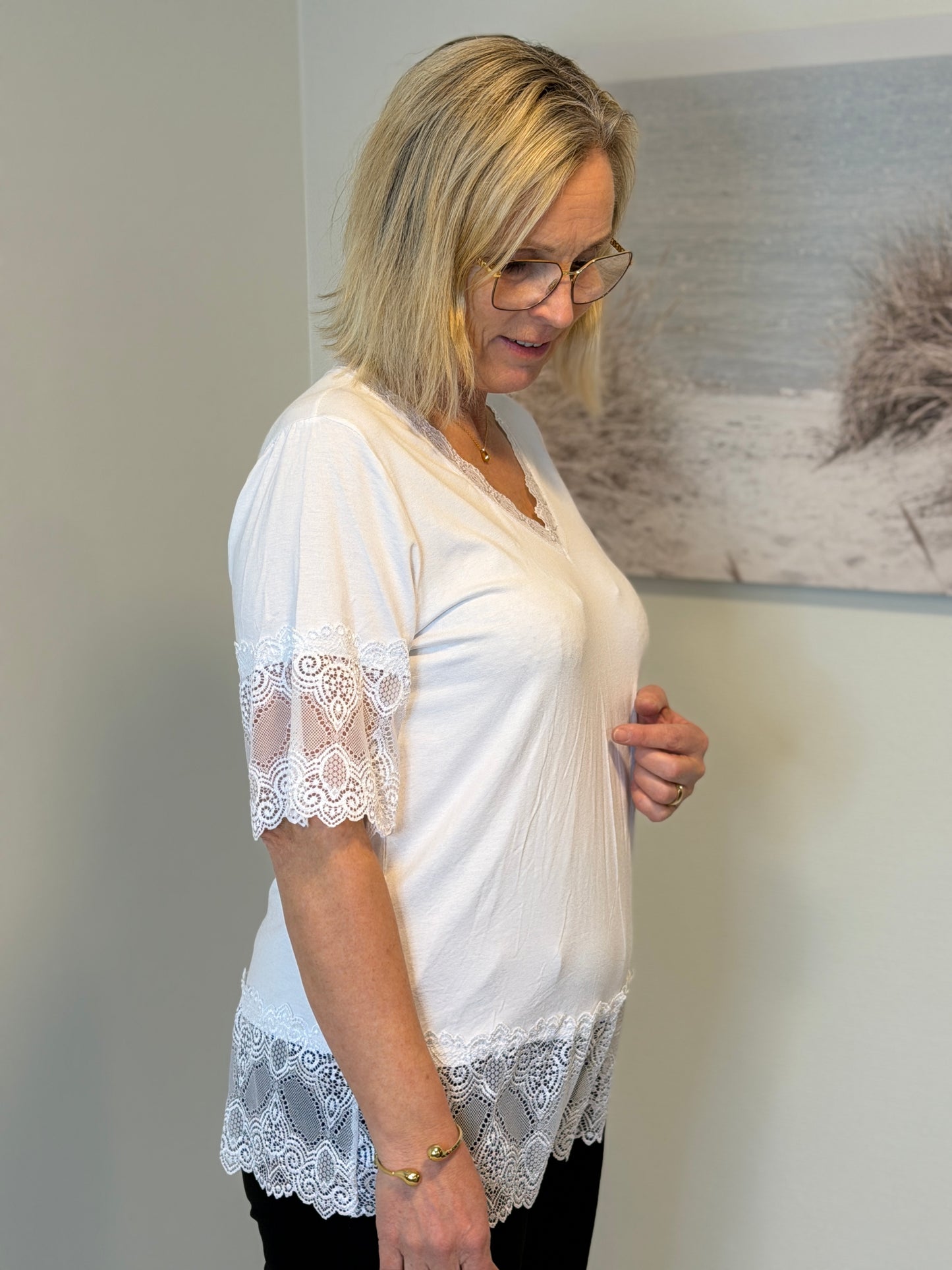 Kortärmad Topp M Spets Os 6P White 005 (White)