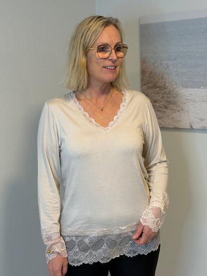 Långärmad Topp Med Spets Beige (Beige)