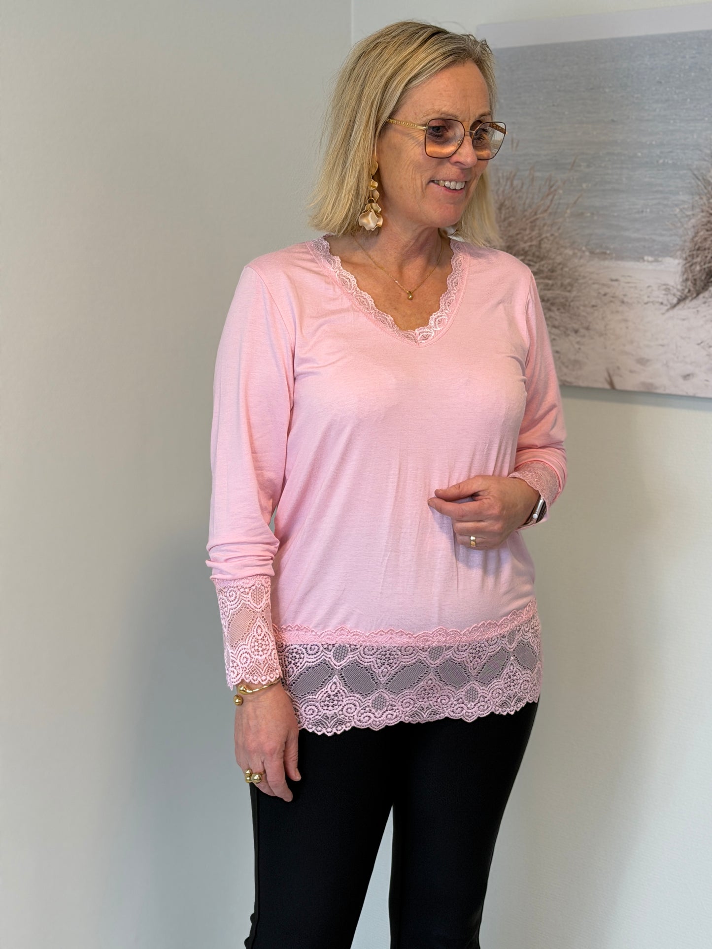 Långärmad Topp Med Spets Pink (Pink)