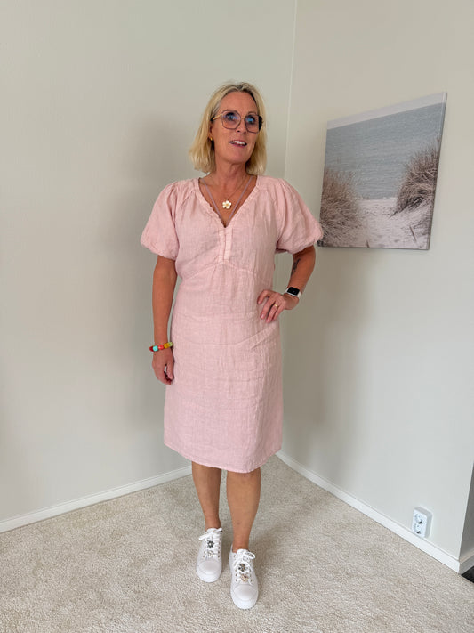 Linneklänning Med Puffärm (Rosa)