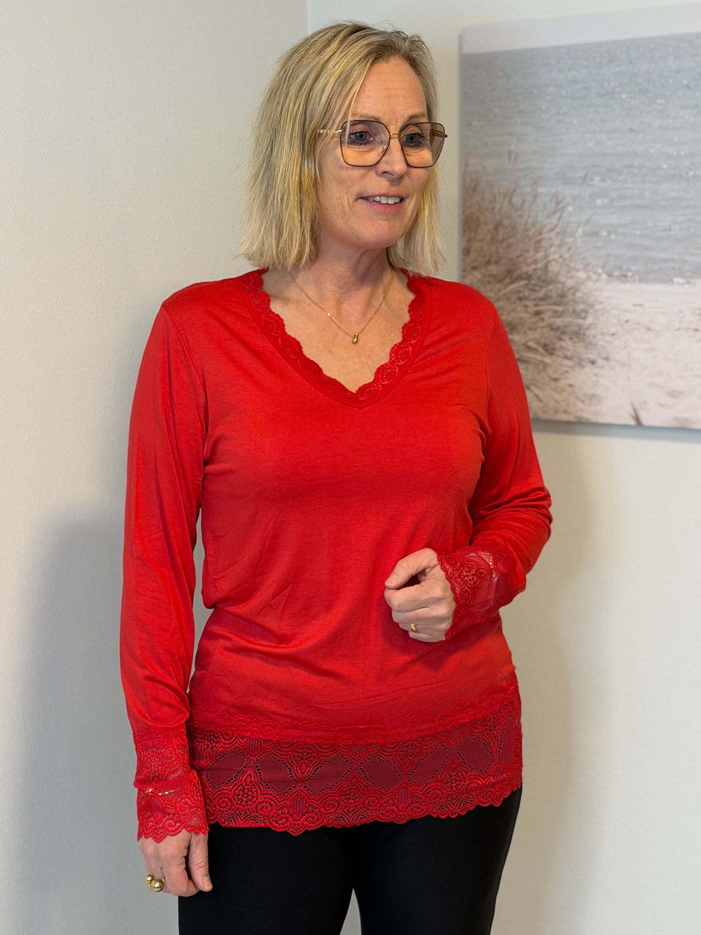 Långärmad Topp Med Spets Red (Red)