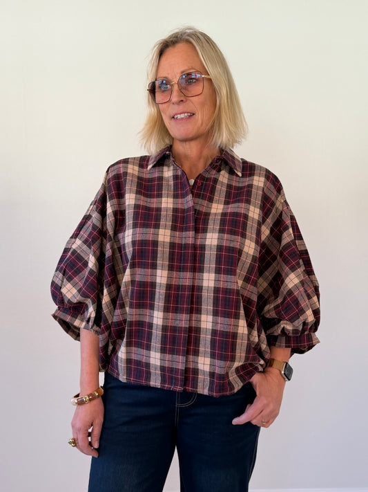 Rutig Blus Med Pingvinärm (Vinröd)
