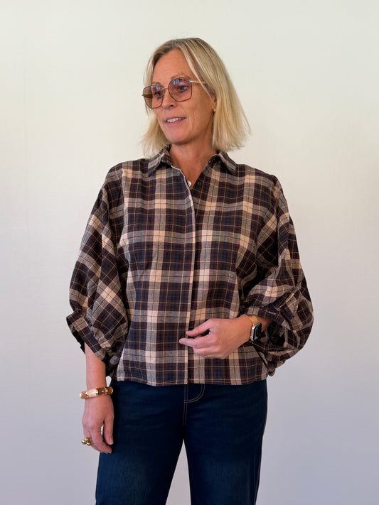 Rutig Blus Med Pingvinärm (Brun)