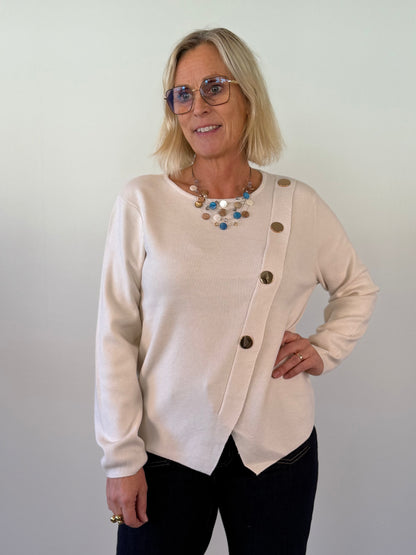 Stickad Tröja Med Guldknappar (Beige)