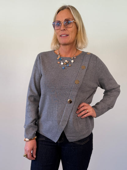 Stickad Tröja Med Guldknappar (Grå)