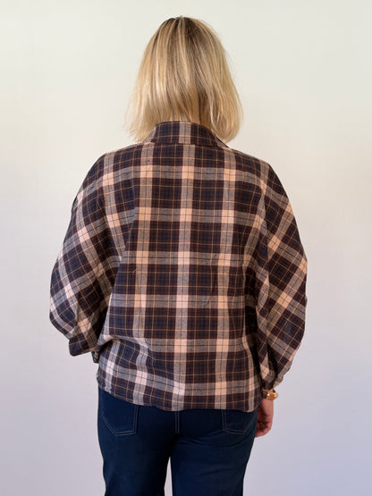 Rutig Blus Med Pingvinärm (Brun)
