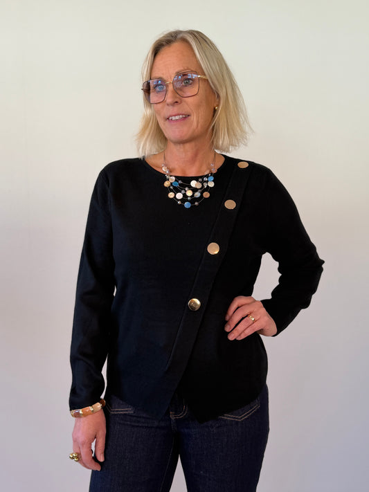 Stickad Tröja Med Guldknappar (Svart)