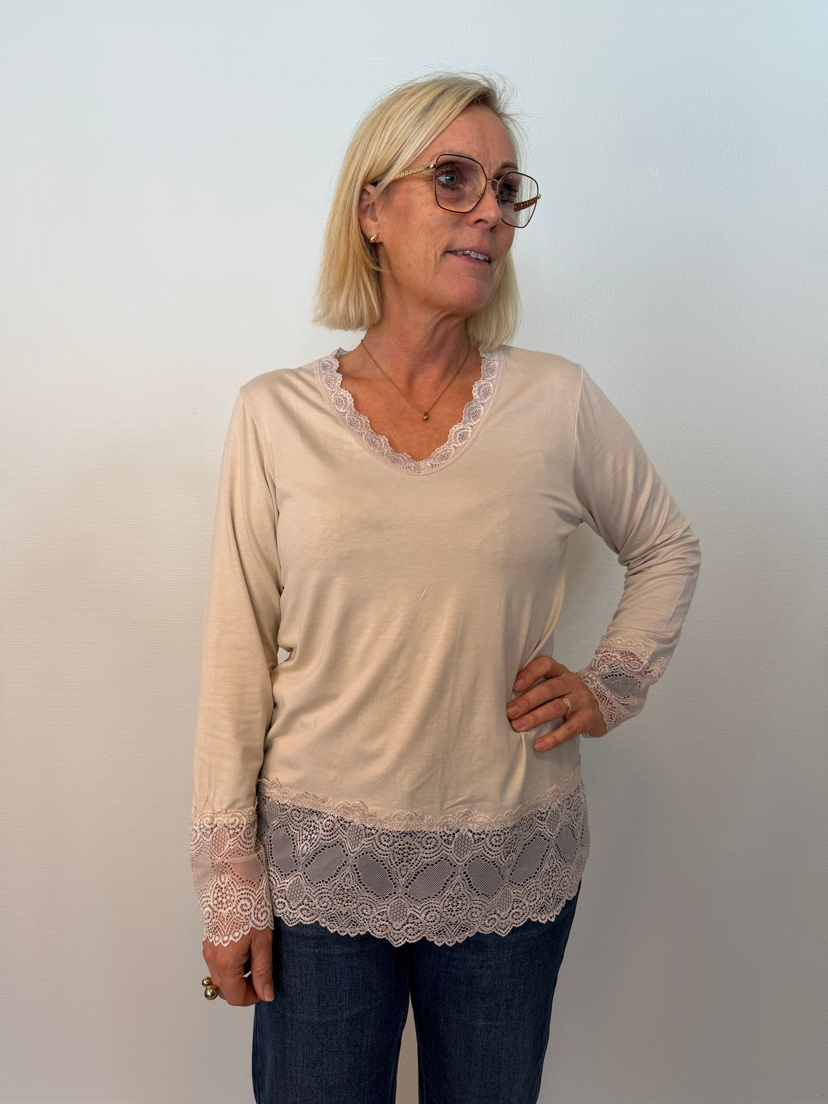 Långärmad Topp Med Spets Beige (Beige)