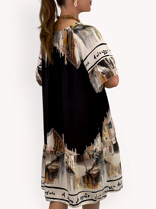 Mönstrad Volangklänning (Black)